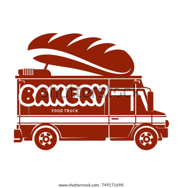 Food truck bakery and hot bread logo vector\
illustration. Vintage style badges and labels design concept for\
confectionery and food delivery service vehicles. Isolated on a\
white background