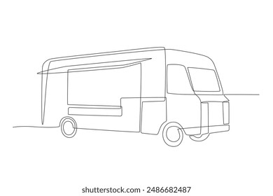 Food truck with booth. Food truck concept one-line drawing