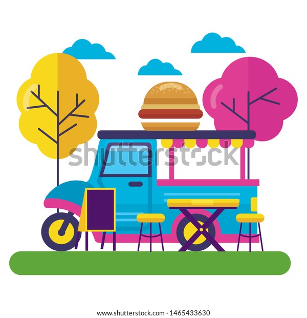 food\
truck burger park street trees vector\
illustration