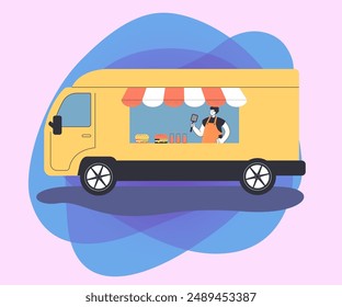 Food truck with burgers. Man cooking and selling food at fair flat vector illustration. Fast food concept for banner or landing page