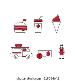 Food truck business icon set. Van, money, burger and saleslady line illustration