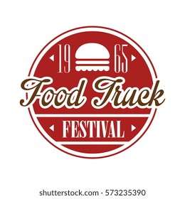 Food Truck Cafe Food Festival Promo Sign, Colorful Vector Design Template In Red Color In Round Frame