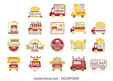 Food Truck Cafe Street Promo Signs Collection Of Colorful Vector Design Templates With Vehicle Silhouette