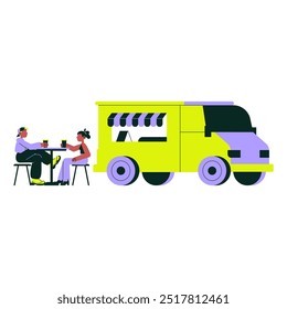 Food truck cafe with two people enjoying food and drinks outdoors, symbolizing street food, casual dining, and urban lifestyle, flat vector illustration isolated on white background.