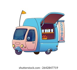 Carro de caminhão de alimentos com coquetéis ou van de comida de rua do café móvel, quiosque de desenhos animados vetoriais. Caminhão de comida de rua ou cabine com coquetéis e bebidas, van de fornecedor de fast food ou carrinho de caminhão de mercado festival