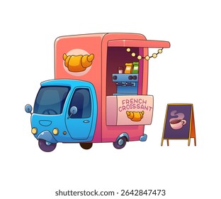 Food truck car serving French croissants and coffee, festival street foodtruck van featuring a coffee machine and signage. Cartoon vector mobile cafe vehicle offers breakfast, and freshly baked pastry