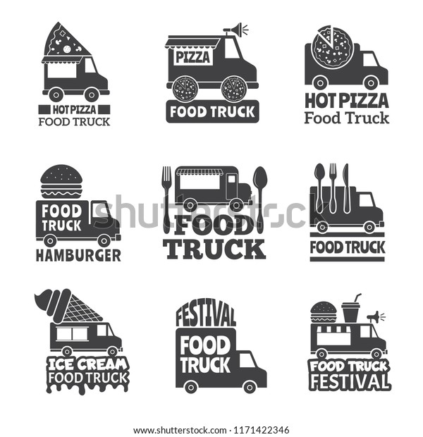 Food truck car. Street catering fast\
delivery mobile van monochrome badges or vector logo. Food van\
catering, lunch car\
illustration