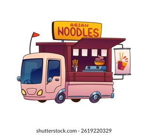 Food truck car or street food festival van with Asian noodles, cartoon vector. Foodtruck or fast food vendor kiosk booth with sign on roof for street market and Asian cuisine festival truck