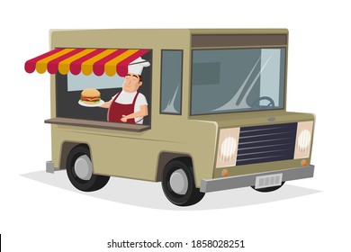 food truck cartoon illustration with happy chef serving a burger