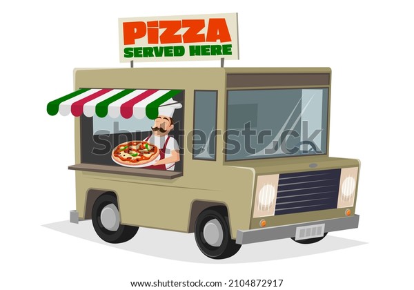 food truck cartoon illustration with happy chef\
serving a pizza