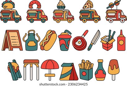 Food Truck Cartoon Related Illustration Set Bundle