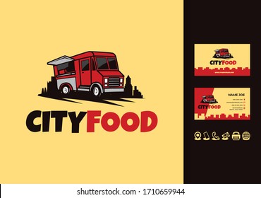 Food truck city logo with business card design vector