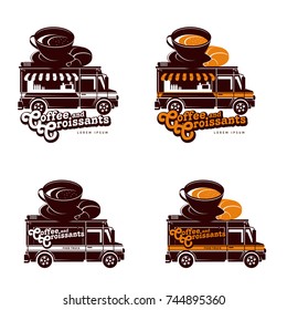 Food truck coffee and croissants logo vector illustration. Vintage style badges and labels design concept for confectionery and food delivery service vehicles. Isolated on a white background