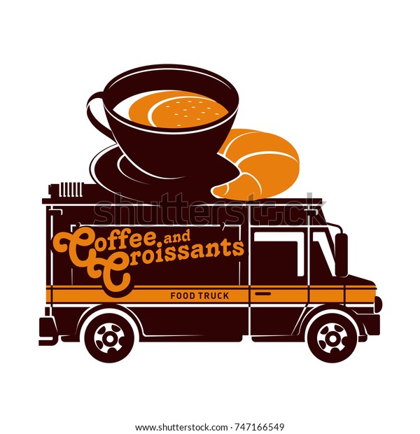 Food truck coffee and croissants logo vector\
illustration. Vintage style badges and labels design concept for\
confectionery and food delivery service vehicles. Isolated on a\
white background
