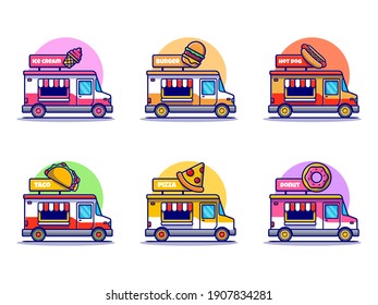 Food Truck Collection Cartoon Vector Icon Illustration. Food Transportation Icon Concept Isolated Premium Vector. Flat Cartoon Style