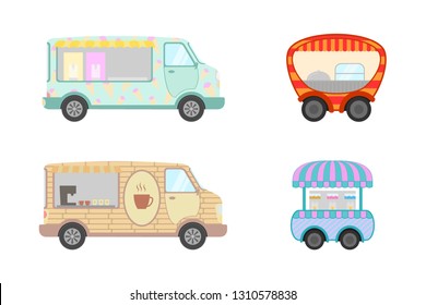 food truck collection with ice cream and coffee and drinking food - vector illustration