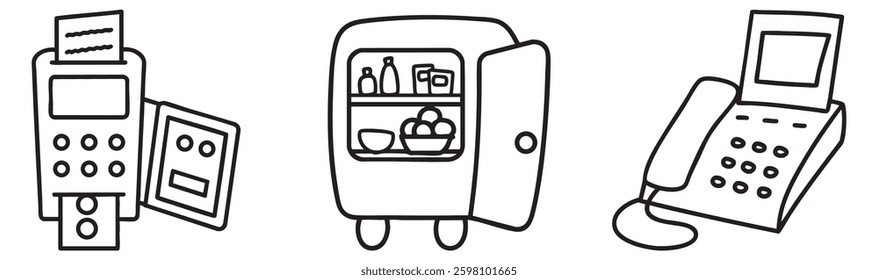 Food truck collection. Three simple sketches of a vending machine, a refrigerator, and a telephone arranged side by side.