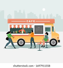 Food truck concept. People eat in a cafe on wheels. Modern flat design. Vector illustration