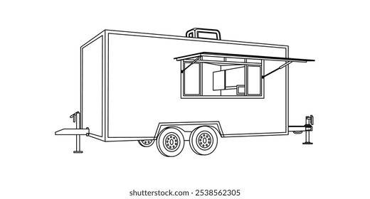 Vista lateral de la posición abierta del contenedor del camión de comida. Coche de Avance para la venta. Dibujo tridimensional con estilo de diseño de detalle de línea delgada. Logotipo de la Plantilla. Ilustración vectorial