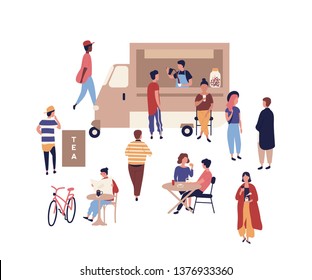 Food truck and cute people walking beside it and sitting at tables, drinking coffee and talking to each other. Summer outdoor festival, market or fair, sidewalk cafe. Flat cartoon vector illustration.