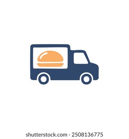 Food truck delivery icon. Simple blue food truck icon with a yellow burger inside. Ideal for use in mobile apps, websites, and presentations.