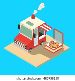 Food Truck. Delivery Master. Street Food Chef Web Template. Flat Icon Set Isometric Food Truck. 