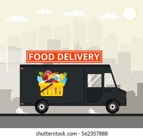 Food truck of delivery rides at high speed. City skyscrapers, clouds and sun on the background. Flat vector illustration.