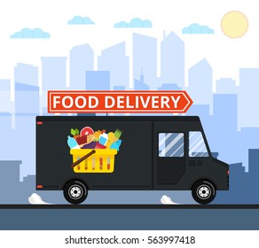 Food truck of delivery rides at high speed. City skyscrapers, clouds and sun on the background. Flat vector illustration.