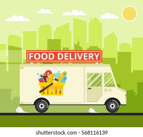 Food truck of delivery rides at high speed. City skyscrapers, clouds and sun on the background. Flat vector illustration.