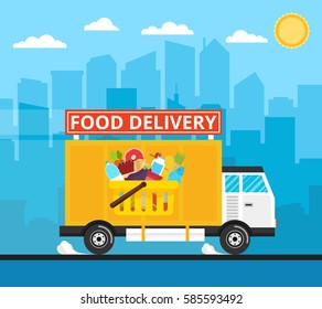 Food truck of delivery rides at high speed. City skyscrapers, clouds and sun on the background. Flat vector illustration.