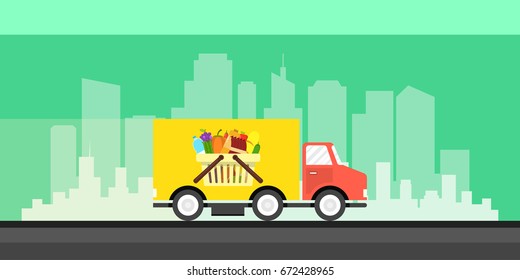 Food truck of delivery rides at high speed. City skyscrapers on the background. Flat cartoon style. Vector illustration.