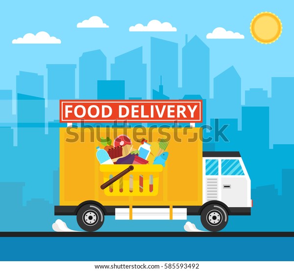 Food\
truck of delivery rides at high speed. City skyscrapers, clouds and\
sun on the background. Flat vector\
illustration.