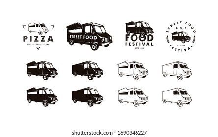 Food Truck Delivery Silhouettes And Logo For Street Food Shop. Isolated On White Background