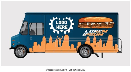 Food truck design template with a delicious sandwich graphic, cityscape, and space for your logo.