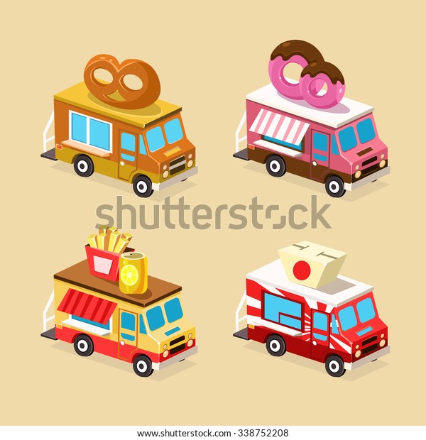 Food Truck Designs of Donuts, Bakery,\
Fast Food and Japanese Food. Set of Vector\
Icons.