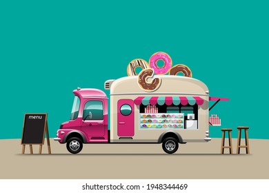 Food truck with Donut snack shop with menu board and chair, drawing design style flat vector illustration