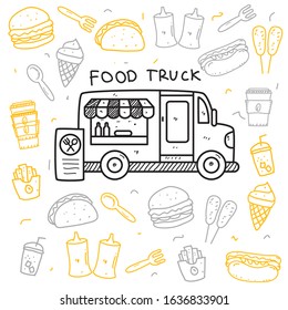 Food truck doodle vector illustration in cute hand drawn style isolated on white background 