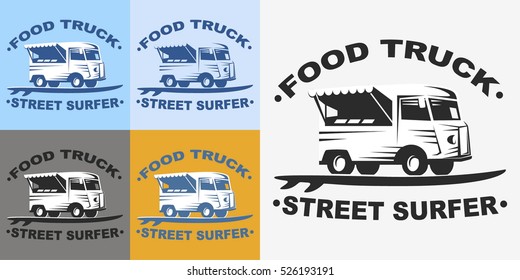 Food truck emblems and logo with surf board. Street surfer food truck. Multicolored set of logos of Food truck. Vector illustration