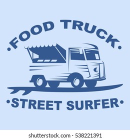 Food truck emblems and logo with surf board on blue background. Street surfer food truck. Vector illustration
