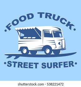 Food truck emblems and logo with surf board on blue background. Street surfer food truck. Vector illustration