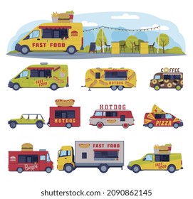 Food Truck as Equipped Motorized Vehicle for Cooking and Selling Street Food Vector Set