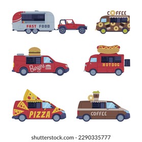 Food Truck as Equipped Motorized Vehicle for Cooking and Selling Street Food Vector Set