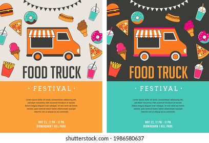 Food truck fair, Night market, Summer fest, food and music street fair, family festival poster and banner 