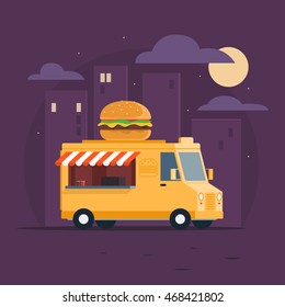 Food Truck. Fast Food Delivery. Mobile Food Car. Street Food Van.  A Car With A Big Burger On The Background Of Night City.