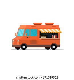 Food truck. Fast food delivery. Mobile food car. Isolated on white. Vector illustration.