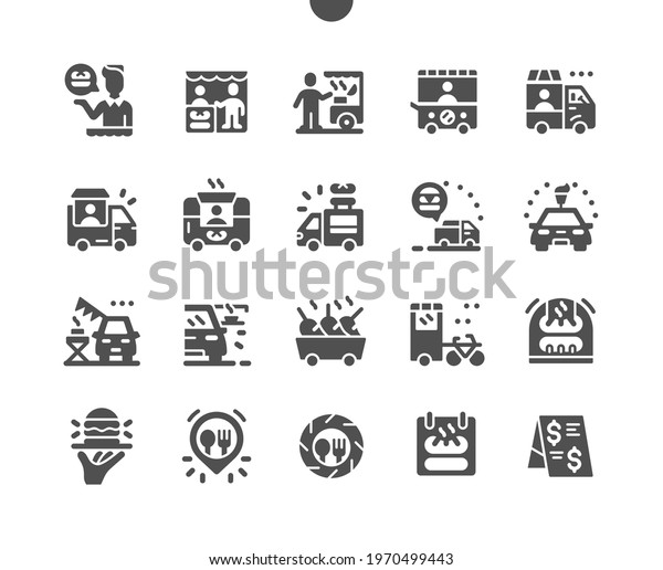 Food truck. Fast food\
location. Street food. Ice cream truck, hot dog truck, burger truck\
and other. Transport, restaurant, cafe. Vector Solid Icons. Simple\
Pictogram