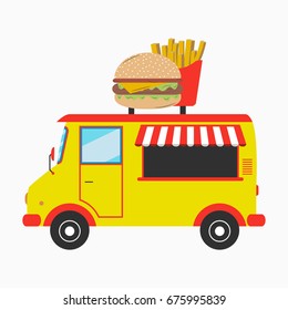 Food truck. Fast food van with signboard in form of burger and french fries. Vector illustration in flat style.