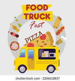 Food Truck Festival Advertising Banner, Flat Vector Illustration. Trailer Or Van With Pizza Slice On Rooftop. Delicious Fast Foods - Hot Dog, Ice Cream, Donut And Sweet Beverages.