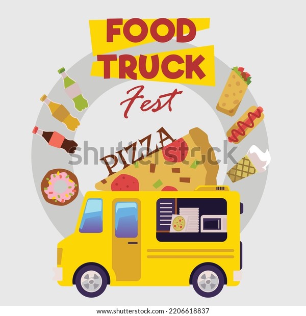 Food truck
festival advertising banner, flat vector illustration. Trailer or
van with pizza slice on rooftop. Delicious fast foods - hot dog,
ice cream, donut and sweet
beverages.