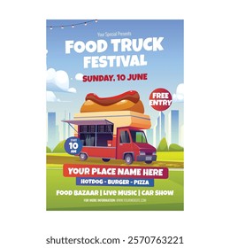 Food truck festival food brochure. Vector Poster template design. Street Food concept menu flyer. Template in A4 size